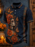 Men's Day Of The Dead Skull Butterflies And Flowers Print Short Sleeve Polo Shirt