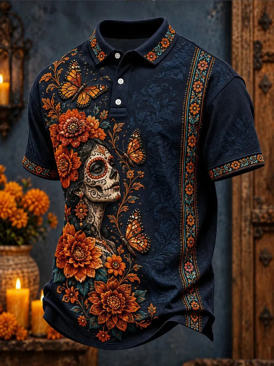 Men's Day Of The Dead Skull Butterflies And Flowers Print Short Sleeve Polo Shirt