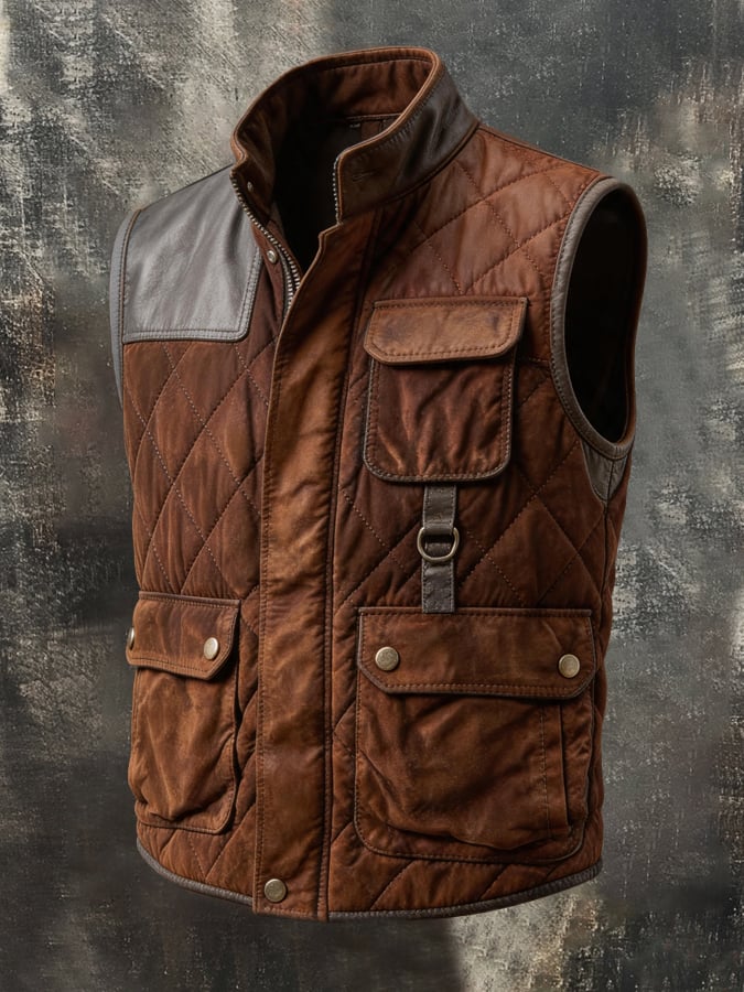 Men's Vintage Multi-Pocket Paneled Leather Vest Jacket