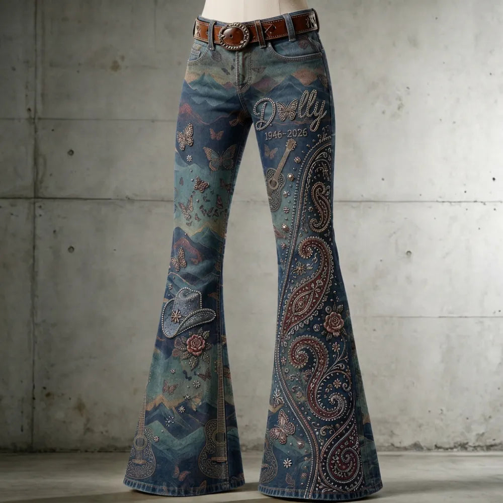 Women's Dolly Parton Butterfly Guitar Paisley Printed Flare Pants
