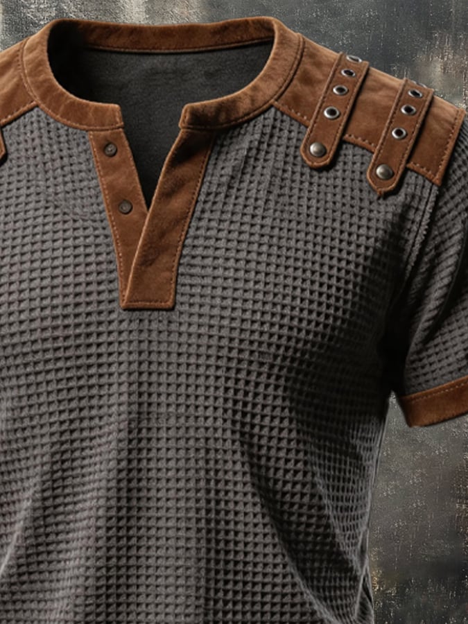 Men's Vintage Washed Cotton & Leather-Panel Lace-Up T-Shirt