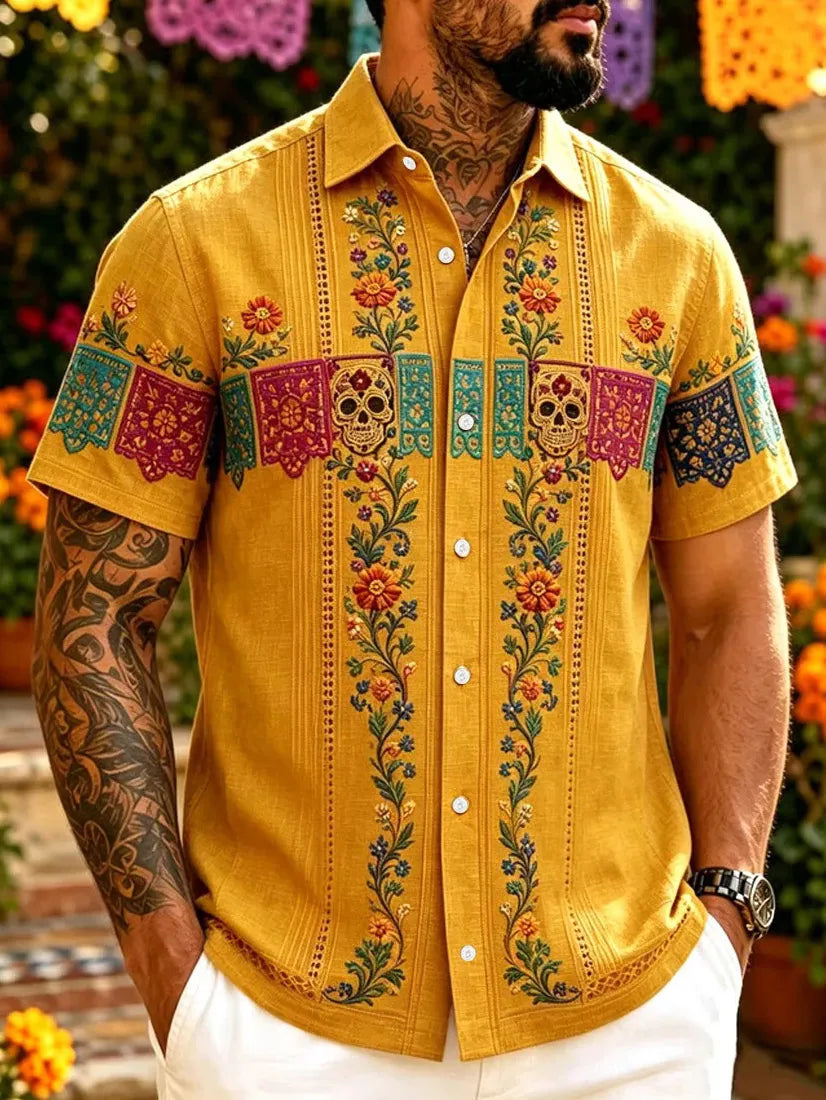 Men's Day Of The Dead Print Short Sleeve Buttons Shirt