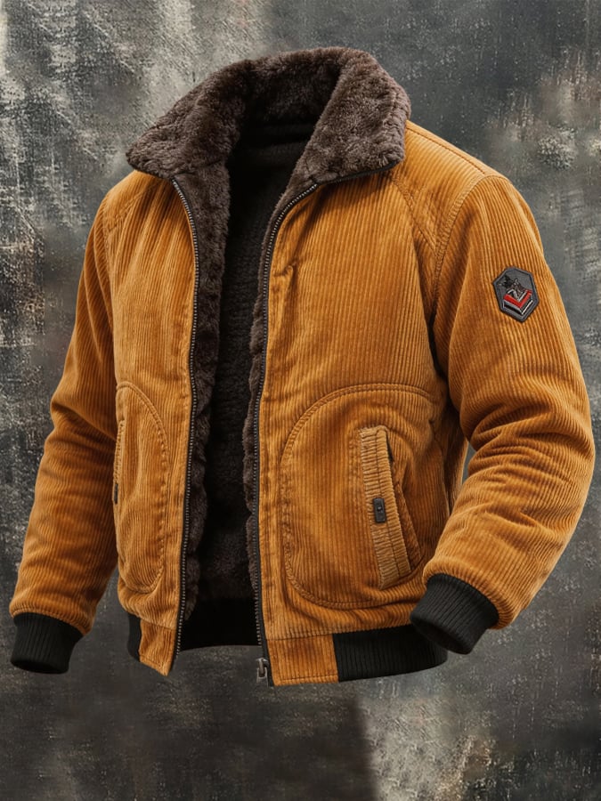 Men's Vintage Corduroy Outdoor Jacket with Fur Collar
