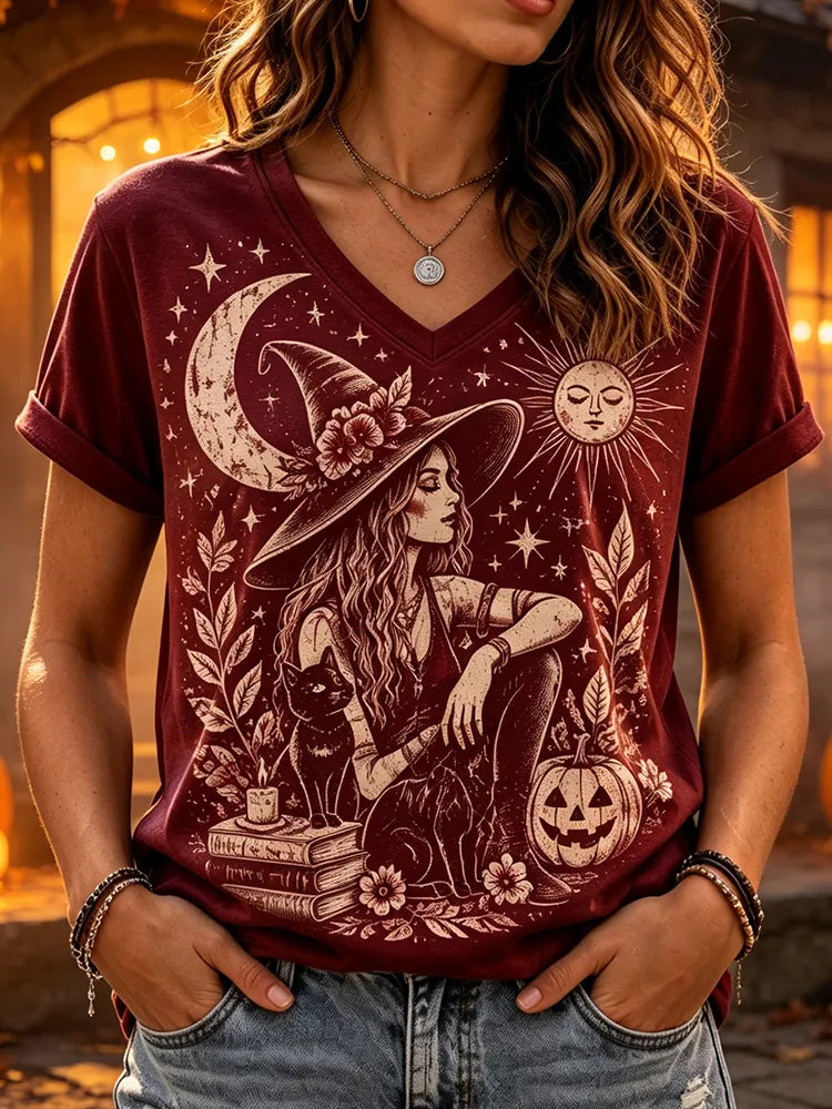 Women's Halloween Witch, Cat, Moon & Sun Graphic V-neck T-shirt