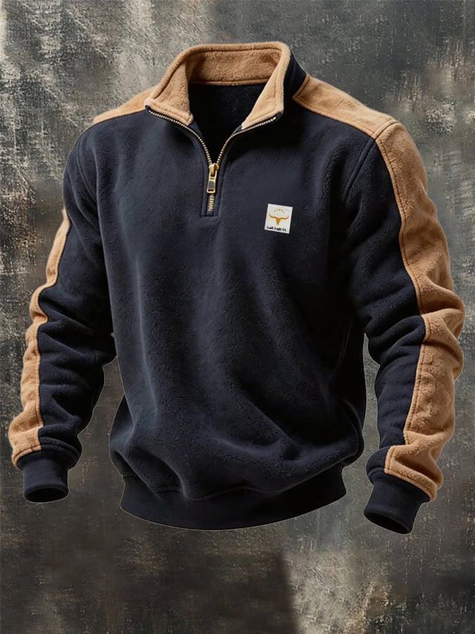 Men's Retro Textured Waffle-Knit Fleece-Lined Zip-Neck Sweatshirt