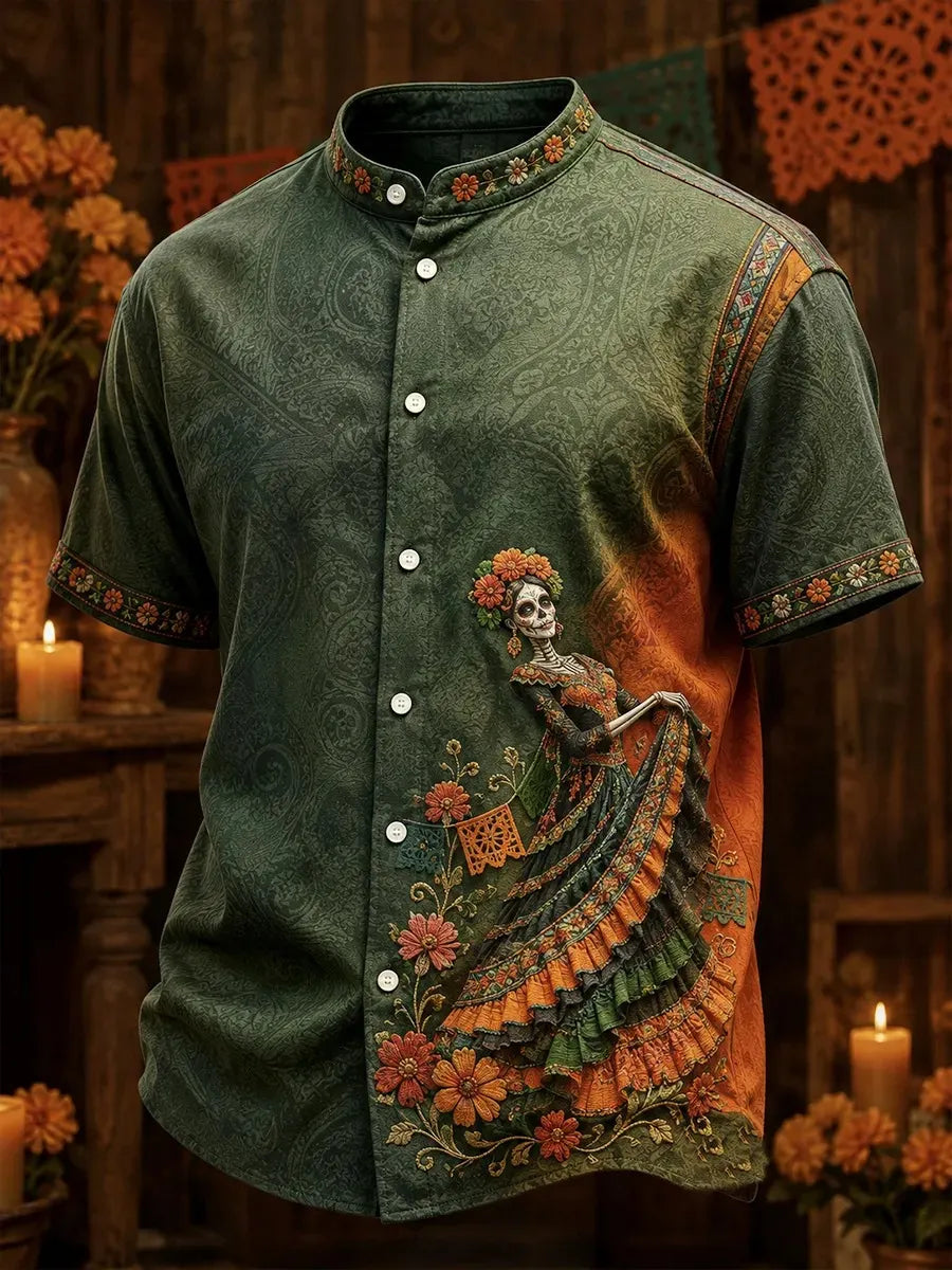 Men's Day Of The Dead Dancing Skeleton Lady Print Stand Collar Short Sleeve Shirt