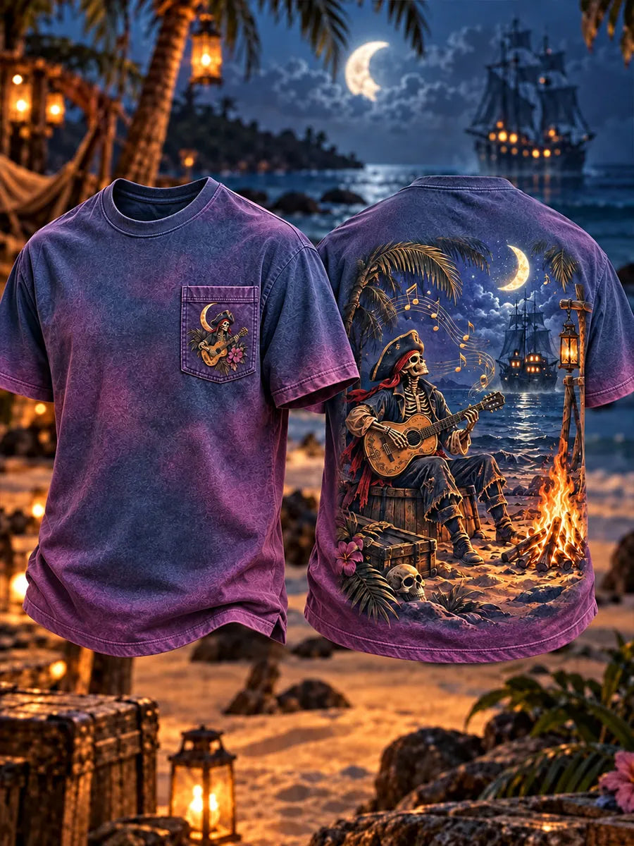 Moonlit Campfire Skeleton Pirate Guitarist Men’s Pocket T-Shirt