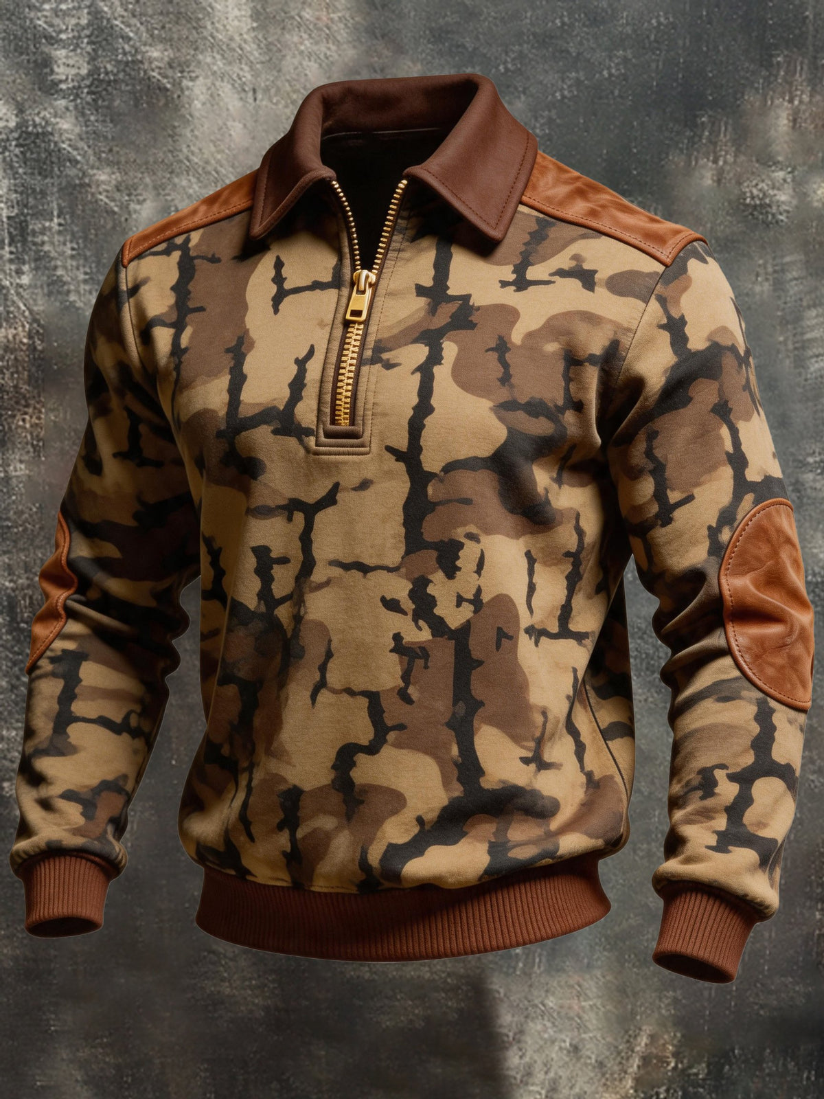 Men's Retro Camouflage Print Color-Block Zip-Up Sweatshirt