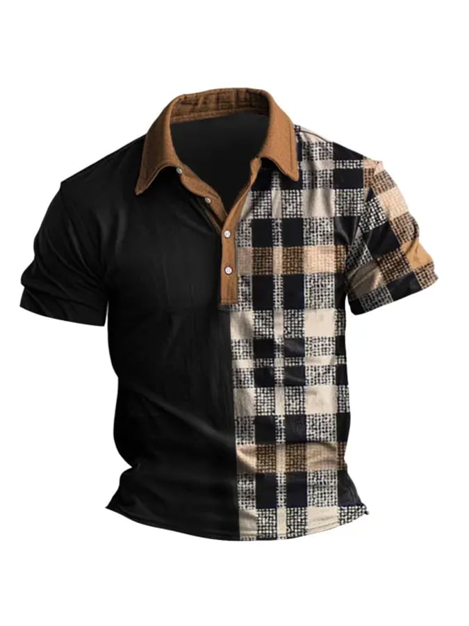 Casual, classic short-sleeved polo shirt with patchwork check pattern for men