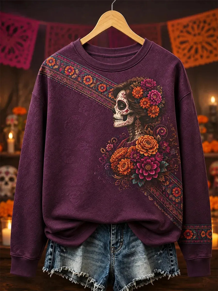 Women's Day Of The Dead Sugar Skull Lady Marigold Flower Print Sweatshirt