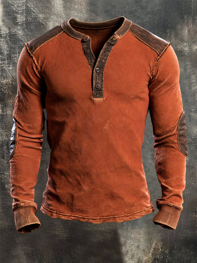 Men's Vintage Comfortable Pure Cotton Color-Block Henley T-Shirt