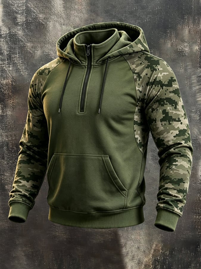Men's Retro Color-Block Camo Print Quarter-Zip Hoodie