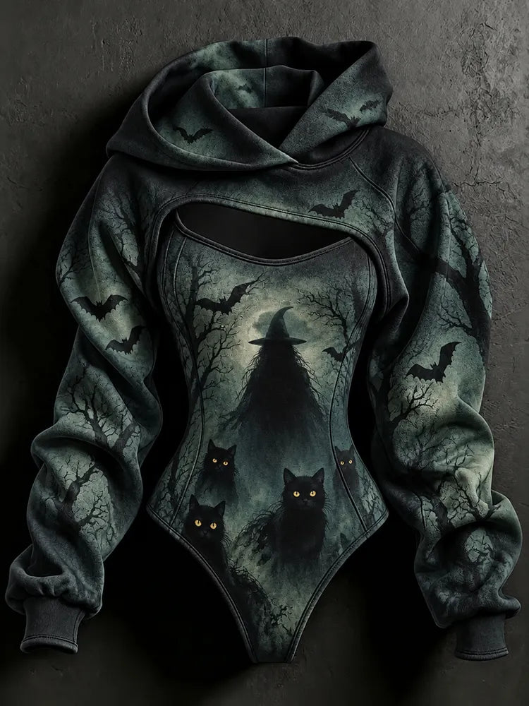 Women's Halloween Gothic Black Cat Wizard Art Print Hoodie Two-piece Set