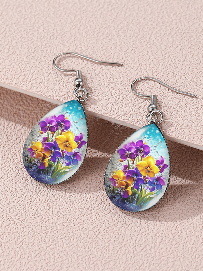 Purple Drop-Shaped Pansy Flower Design Earrings