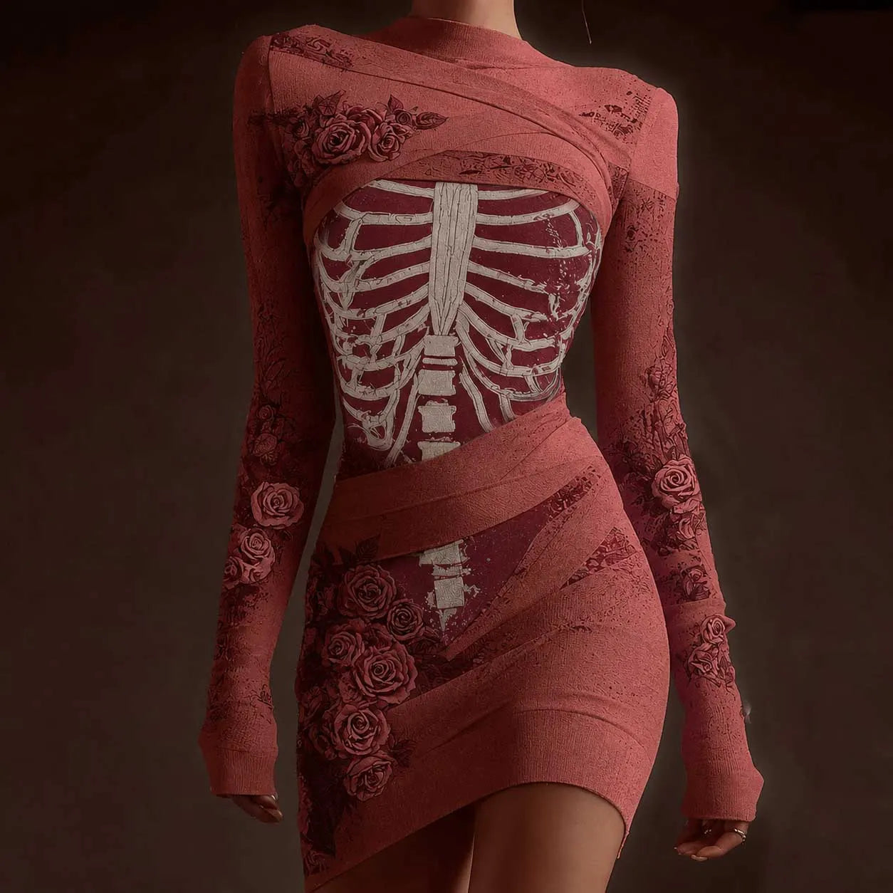 Classy Skeleton Anatomy Bloody Roses Bandages Knit Sweater Dress