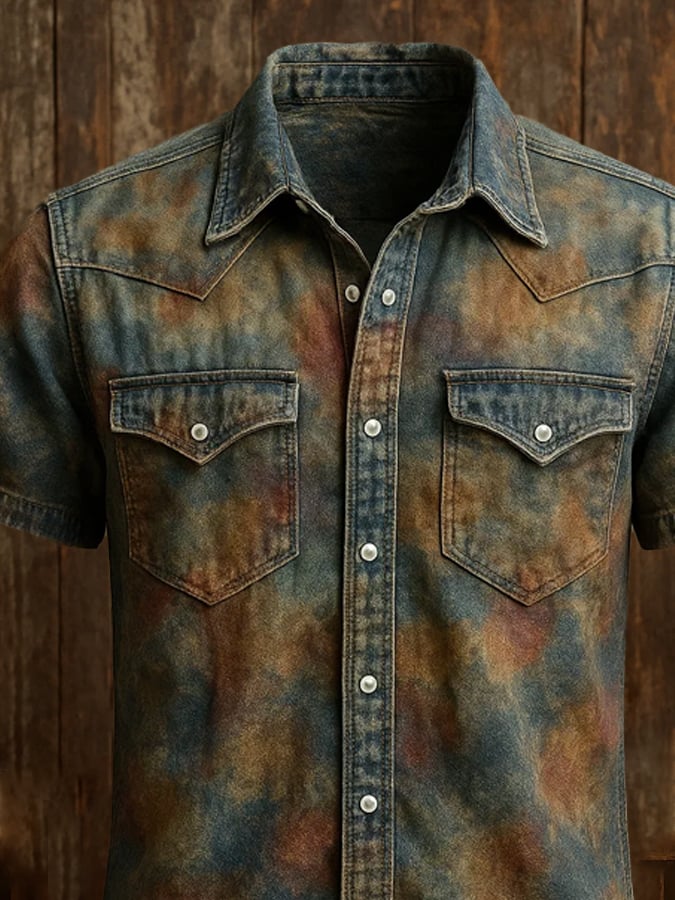 Men's vintage twill shirt with two pockets and short sleeves in a used look