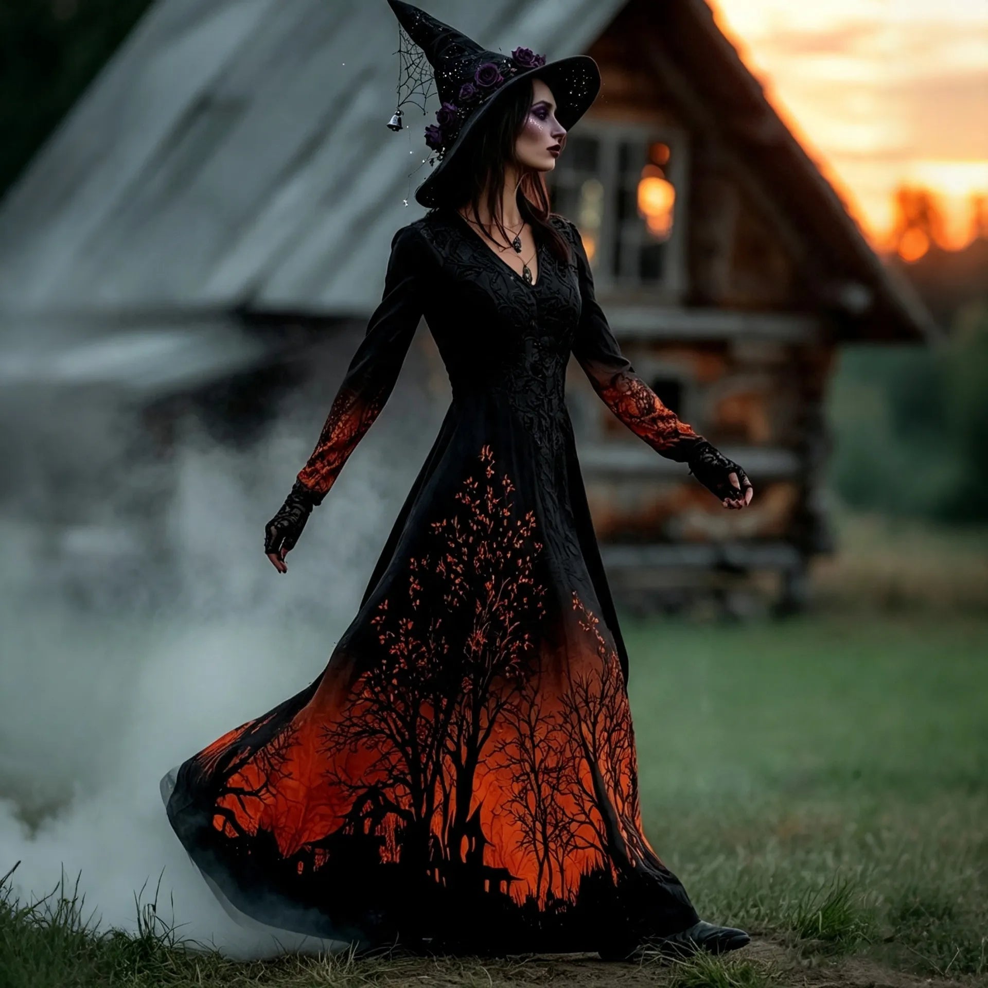 Women's Halloween Gradient Treehouse Print  V-neck Maxi Dress