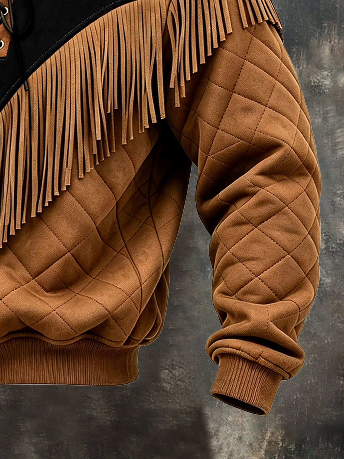 Men's Retro Western-Style Color-Block Lace-Up Sweatshirt with Fringe
