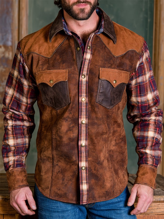 Men'S Retro Western-Style Long-Sleeve Shirt With Leather Paneling, Plaid Pattern, And Color-Blocking