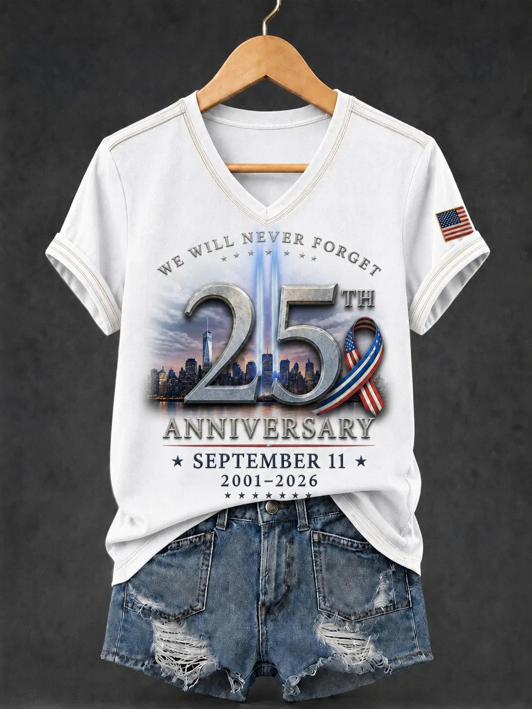 Women's 9.11 Never Forget Printed V-neck T-shirt