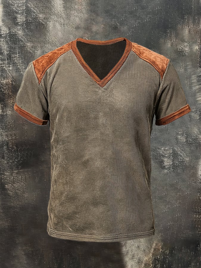 Men's V-neck T-shirt with washed seams in contrast color in retro style