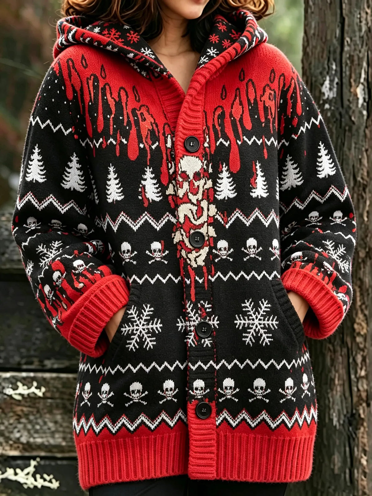 Women's Halloween Christmas Tree Bloodstain Snowflake Skull Print Hooded Cardigan Sweater
