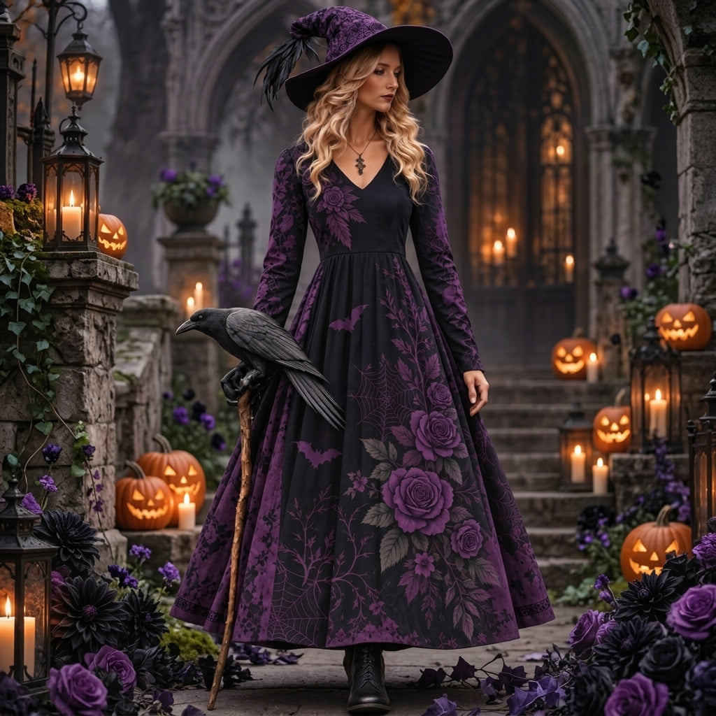 Women's Vintage Halloween Purple Rose Art Comfy Maxi Dress