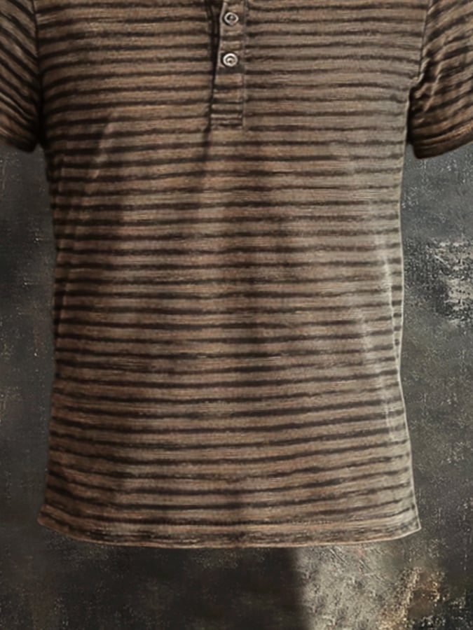 Men's Vintage Stripe Casual Henley Short Sleeve T-Shirt