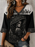 Women's Day Of The Dead Print 3/4 Sleeve V-Neck T-Shirt