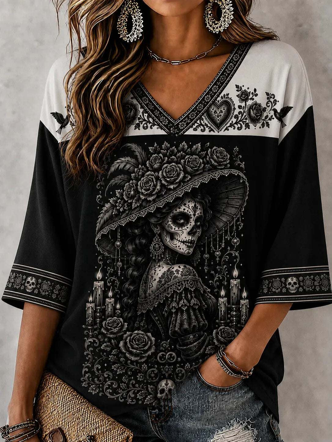 Women's Day Of The Dead Print 3/4 Sleeve V-Neck T-Shirt