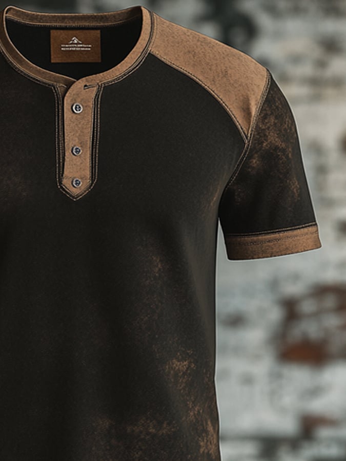 Men's retro colorblock slim fit short sleeve Henley T-shirt