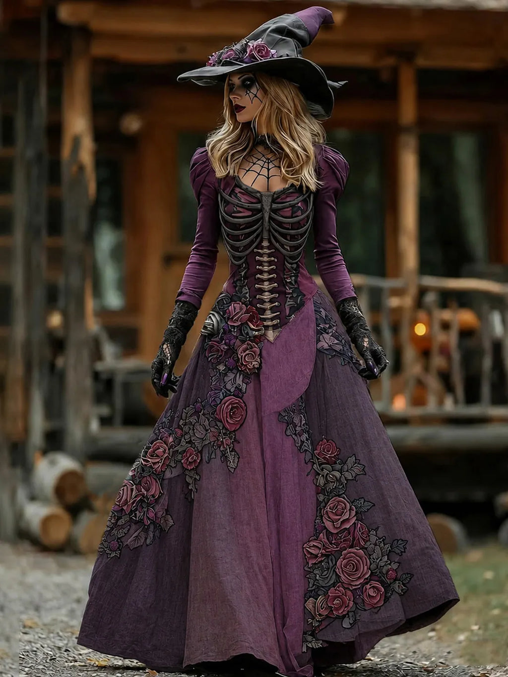 Vintage  Skull Rib Cage Rose Pattern Maxi Dress