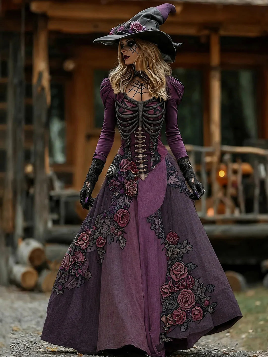 Vintage  Skull Rib Cage Rose Pattern Maxi Dress