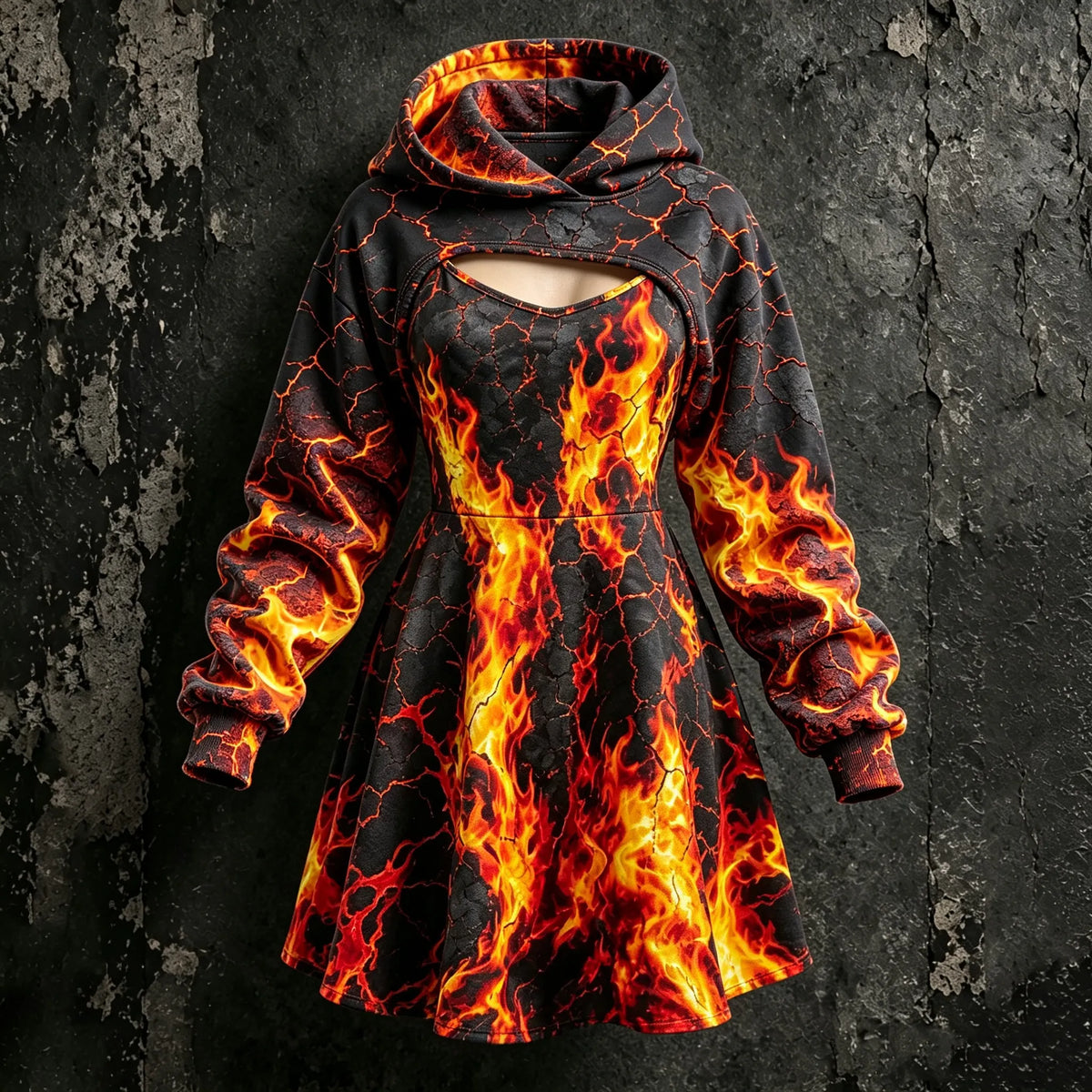 Women's Retro Halloween Flame Crack Print Hoodie Suspender Dress Two-piece Set