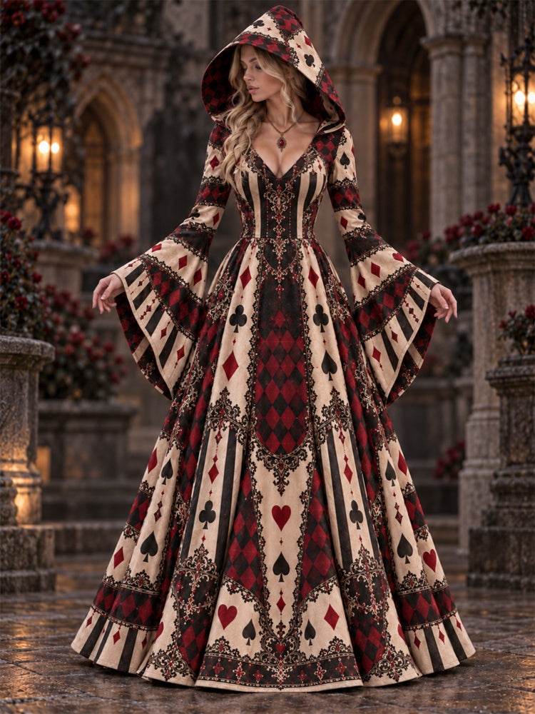 Women's Halloween Joker Lace Stripe Color-block Print Hooded Long-sleeve Maxi Dress