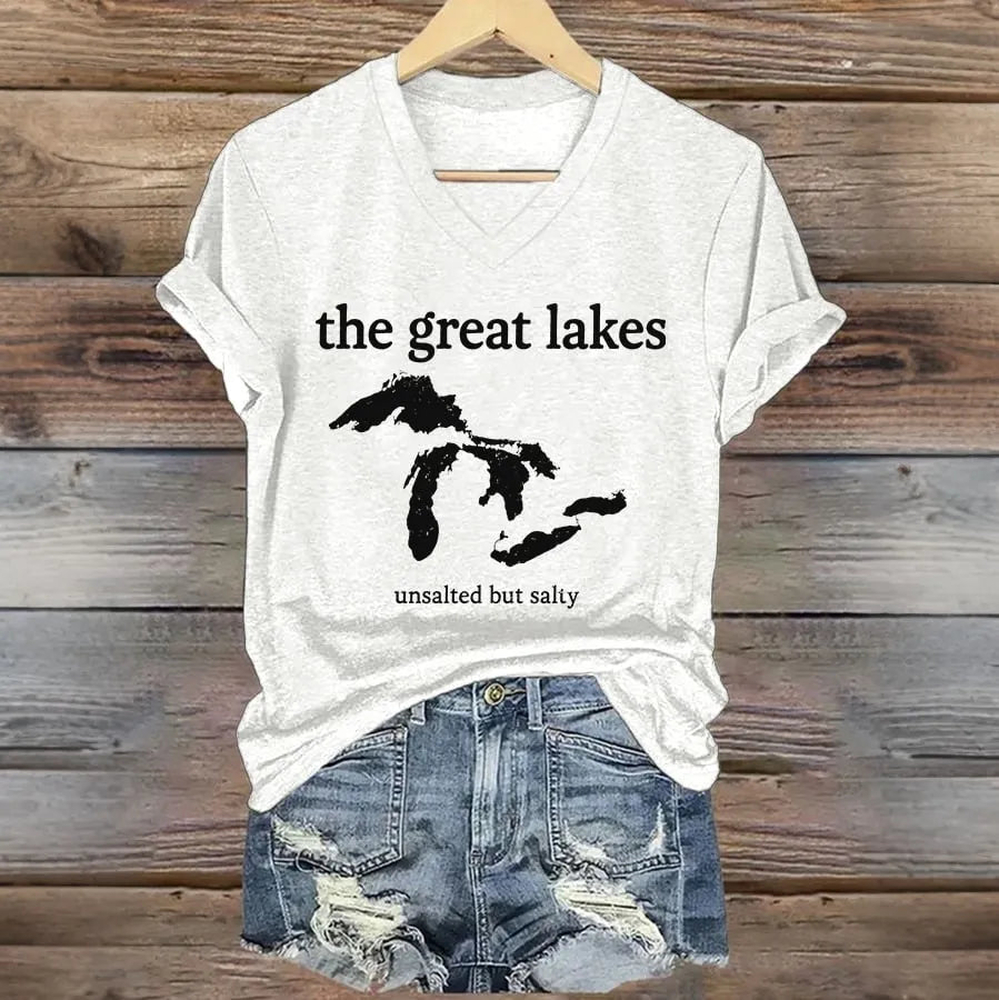 V-neck Retro The Great Lakes Unsalted But Salty Print T-shirt