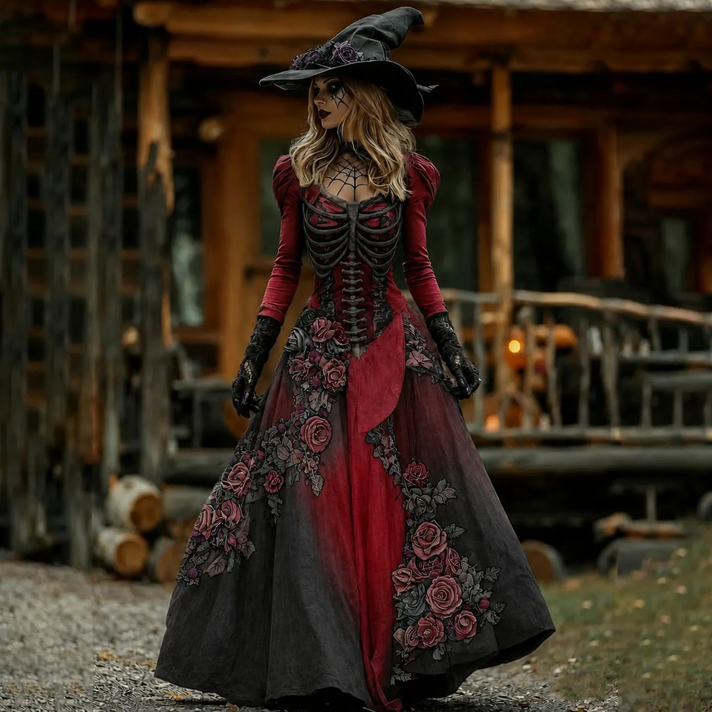 Vintage  Skull Rib Cage Rose Pattern Maxi Dress