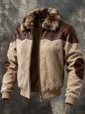 Men’s Vintage-Style Color-Block Leather-Paneled Jacket with Fur Collar