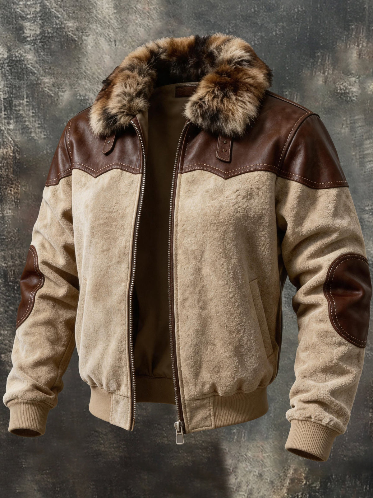 Men’s Vintage-Style Color-Block Leather-Paneled Jacket with Fur Collar
