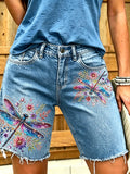 Women's Animal Dragonfly Art Printed Short Jeans