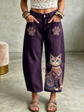 Women's Animal Bohemian Cat Art Print Pocketing Trousers