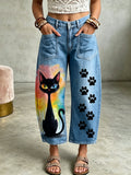 Women's Animal Cat Art Print Pocketing Trousers