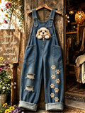 Women's Animal Dog Zipper Art Printed Strap Pants