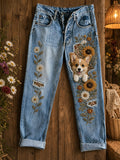 Women's Casual Jeans with Vintage Animal Art Print