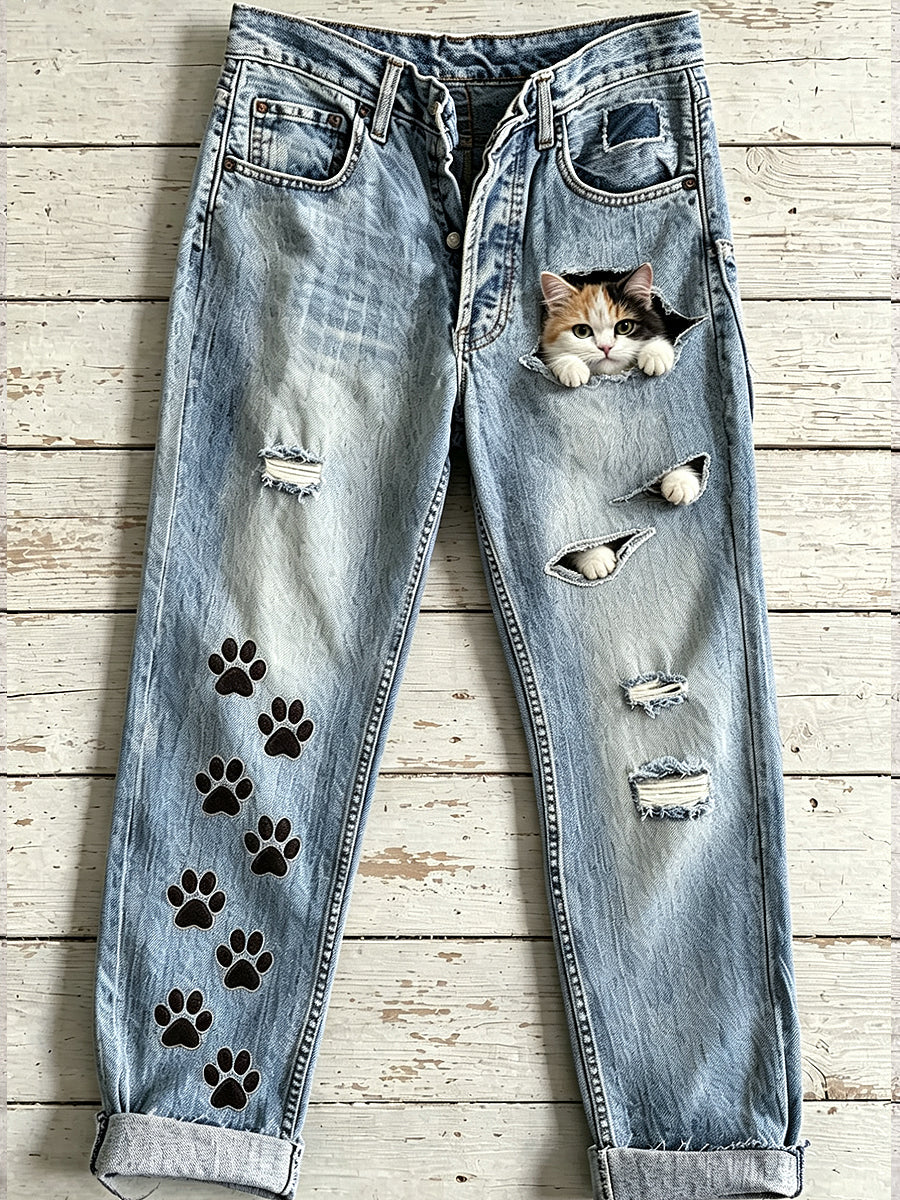 Women's Animal Cat Art Print Flared Trousers