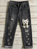 Women's Casual Jeans with Vintage Animal Art Print